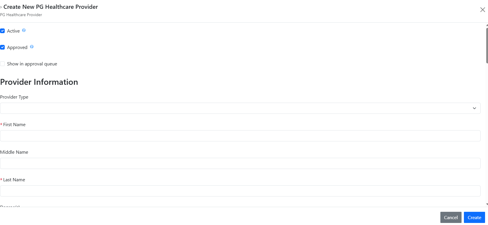 Krobe form for entering a new provider's information.