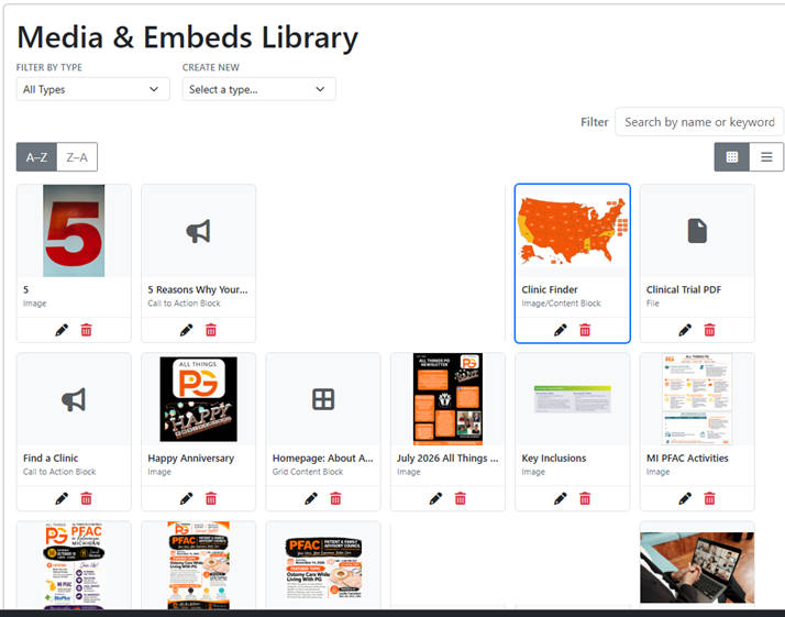 Krobe media library showing available images and newsletter graphics.