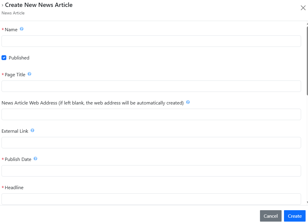 Krobe form for creating a news article.