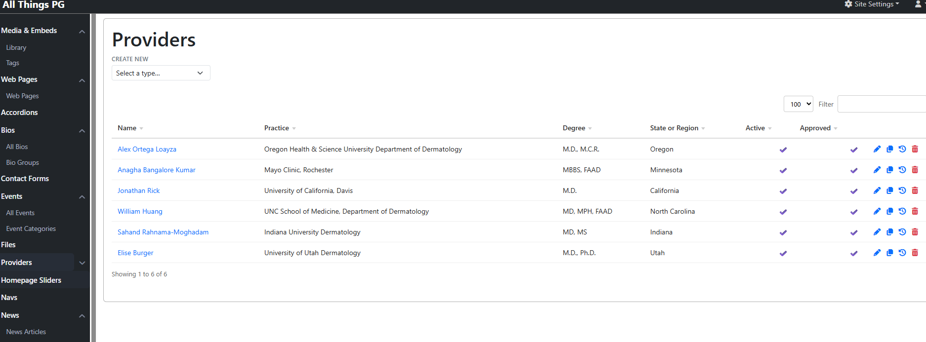 Krobe provider list showing the current clinic finder records and provider fields.