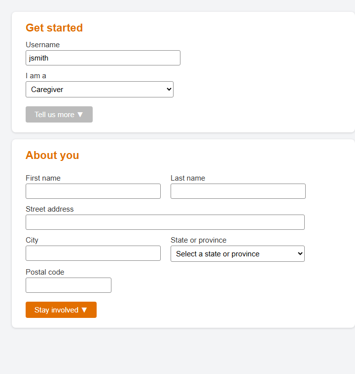 Registration step 2 asks for name and address after the visitor chooses to continue.