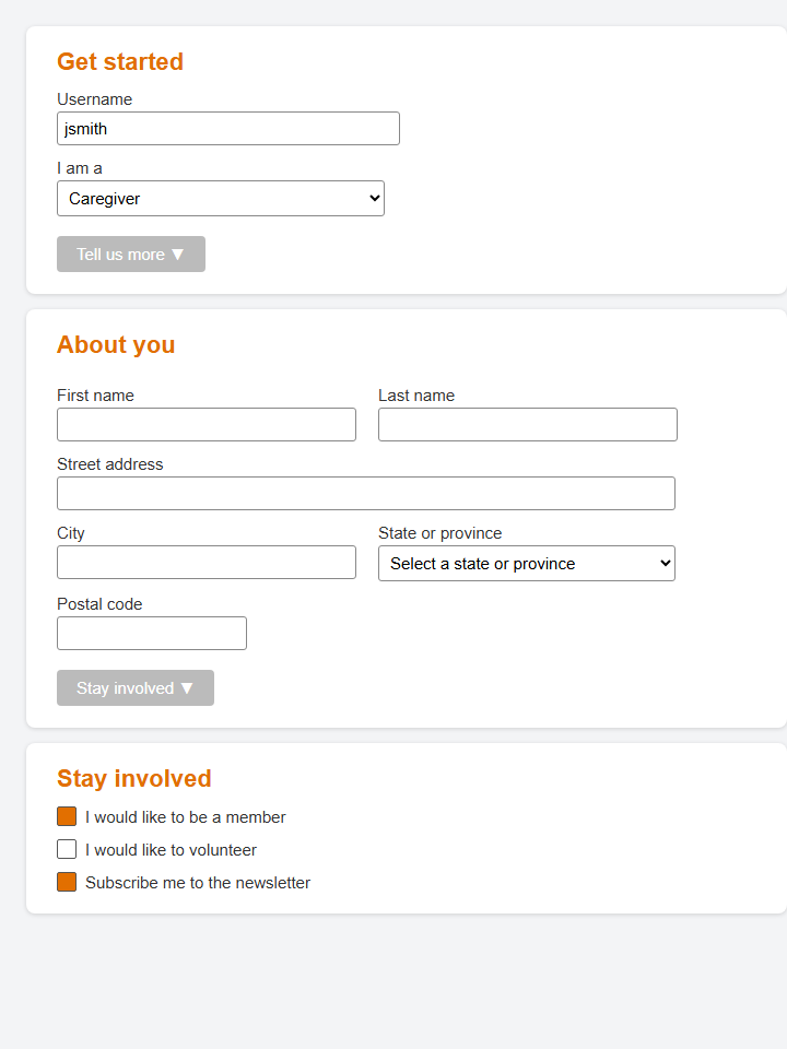 Registration step 3 offers member, volunteer, and newsletter choices.